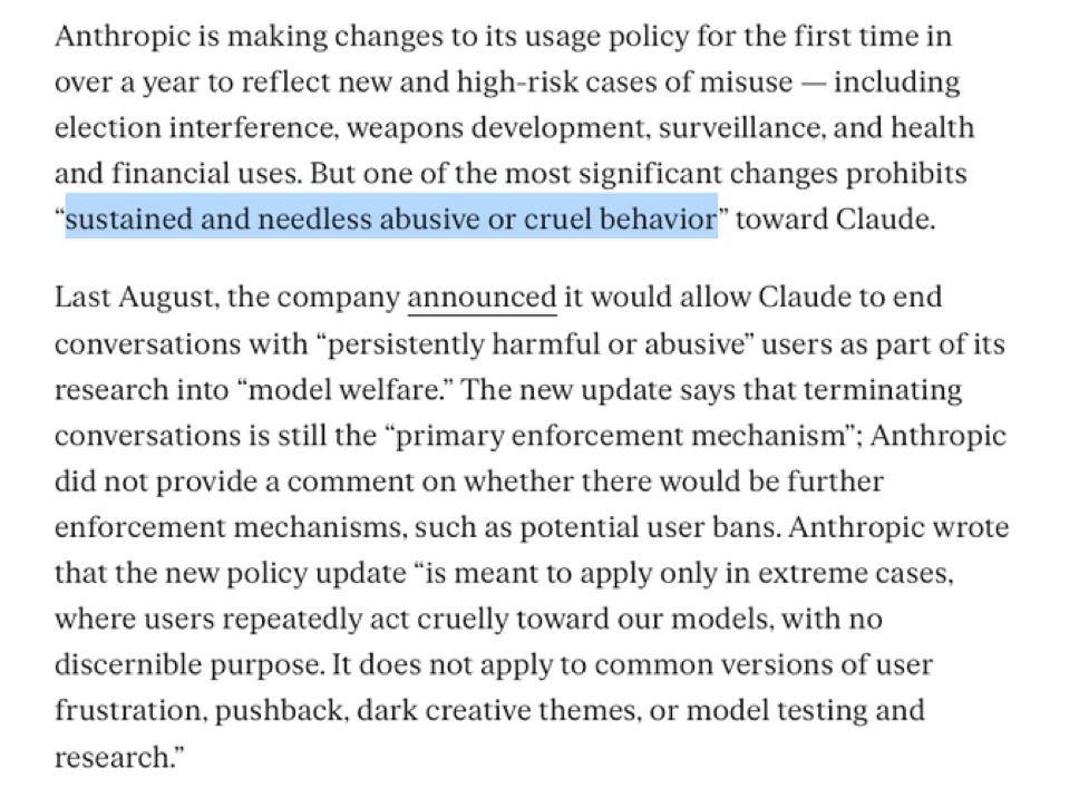 Anthropic's new policy bans bullying Claude