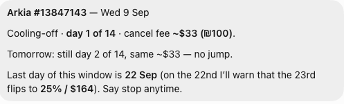 A bot reports the daily cancellation cost of a flight booked on the fence