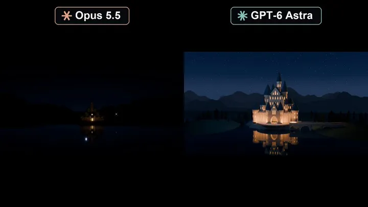 同一提示词下 Opus 5.5 与 GPT-6 Astra 的 Blender 3D 实测