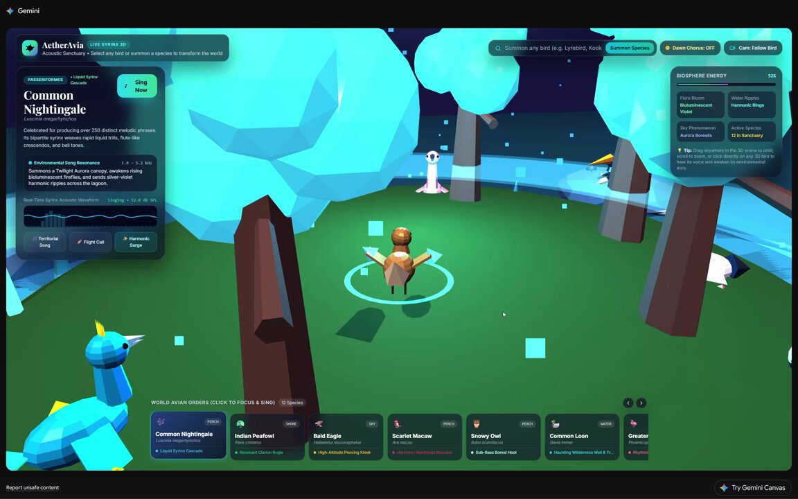Gemini 4 Pro generates a video piece titled "Birds"