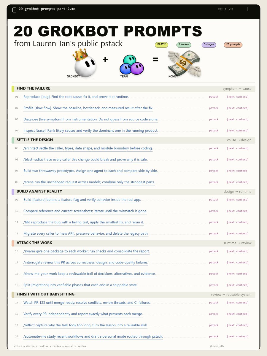 20 Grok Bot prompts distilled from Lauren Tan's public pstack