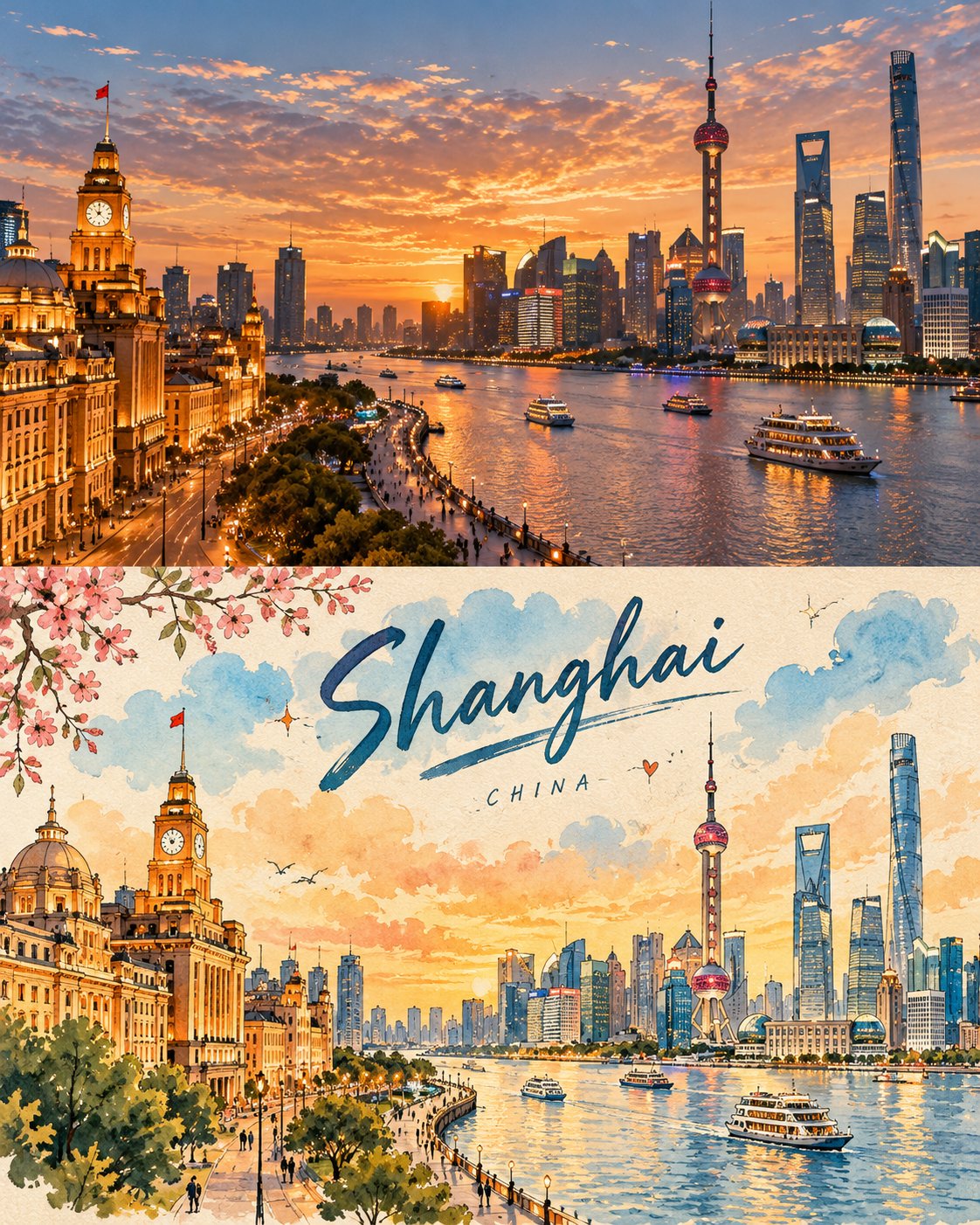 GPT Image 2.5 复古旅行海报提示词:上下对半写实+插画(第 1 张,共 4 张)
