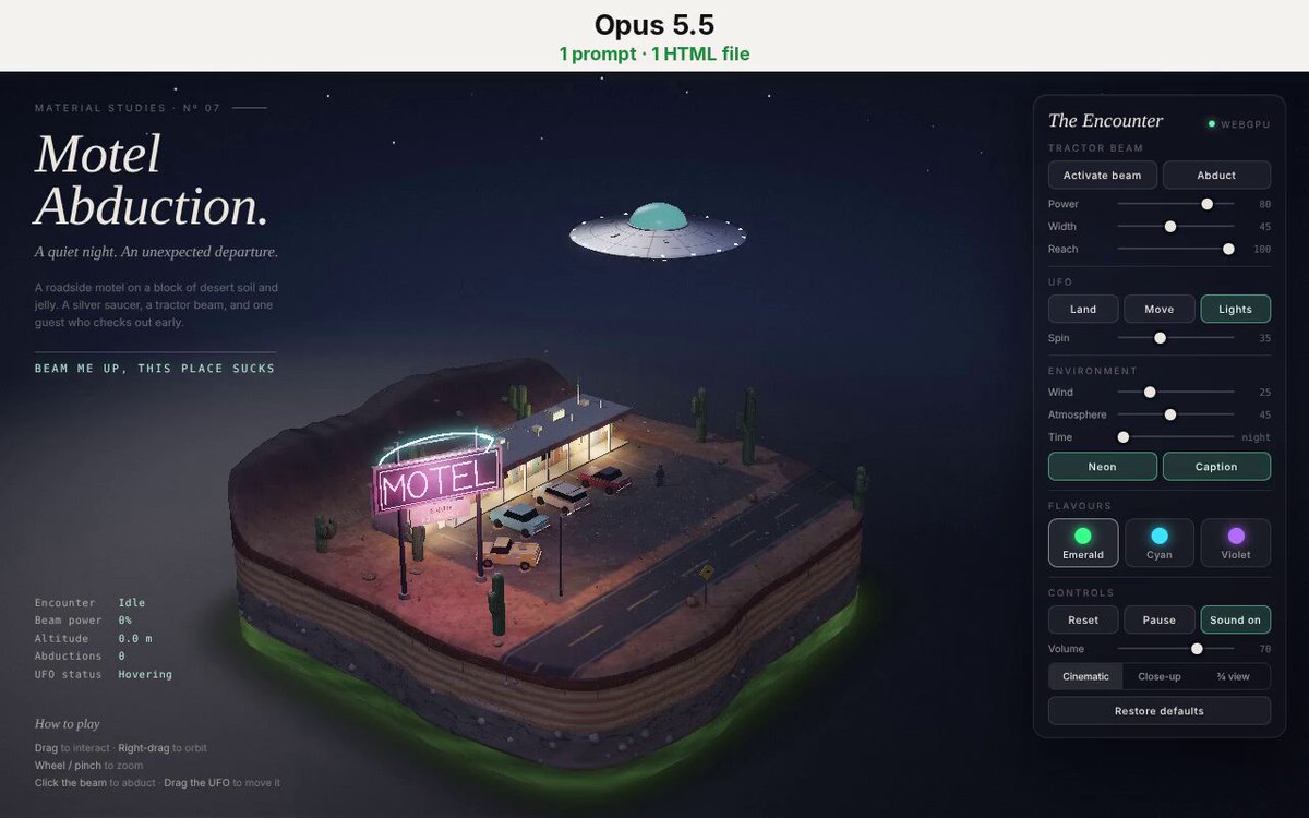 Opus 5.5 单提示词生成 WebGPU 飞碟绑架立体场景
