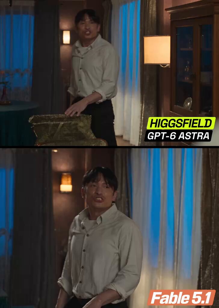 Higgsfield 官方对比 GPT-6 Astra 与 Fable 的表演效果