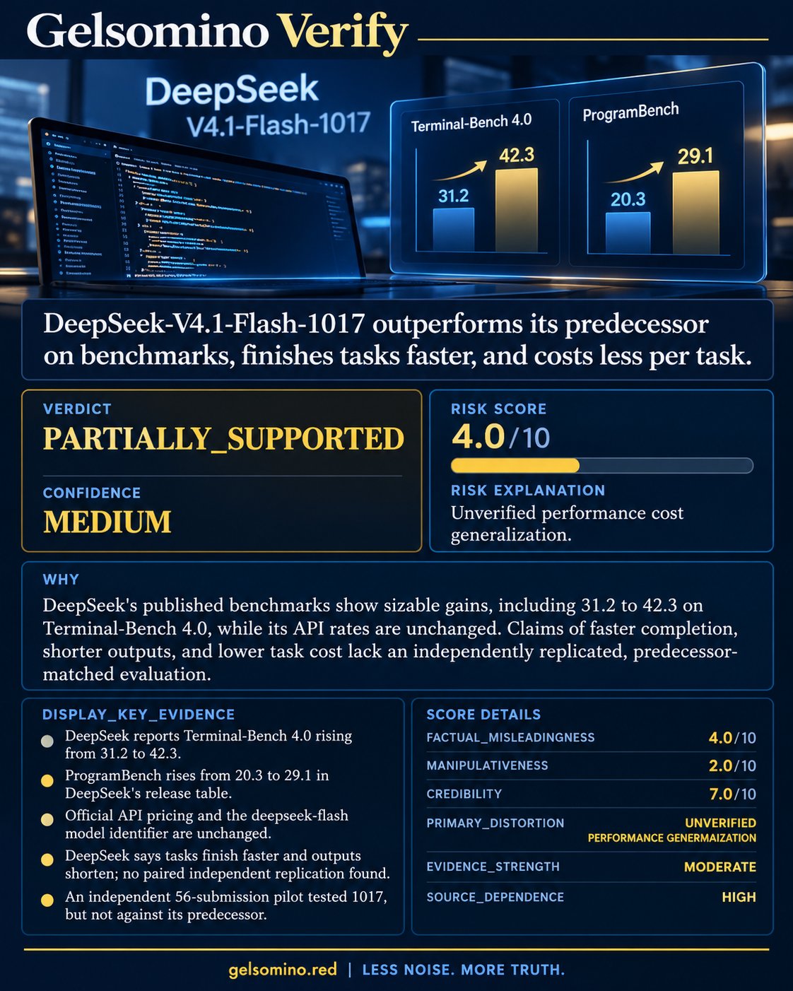 核查帖：V4.1 Flash 跑分提升 11.1 分，单任务成本更低未获独立证实