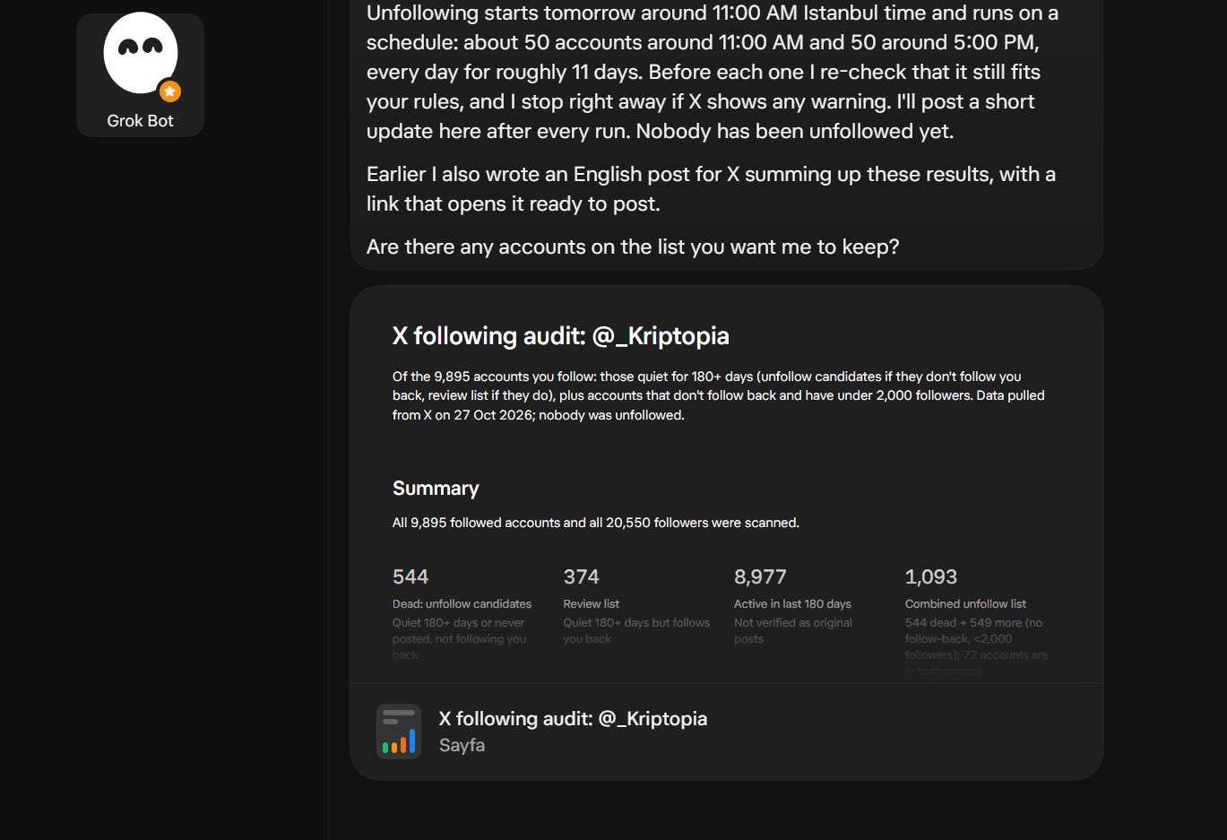 Using Grok Bot to unfollow 1,093 non-followers at 100 per day
