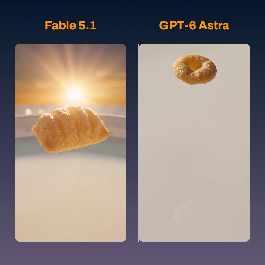 Fable 5.1 and GPT-6 Astra compared on the same Captain Crunch ad
