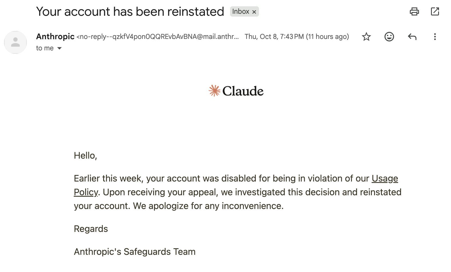 Claude account restored after appeal email to Anthropic (image 1 of 2)