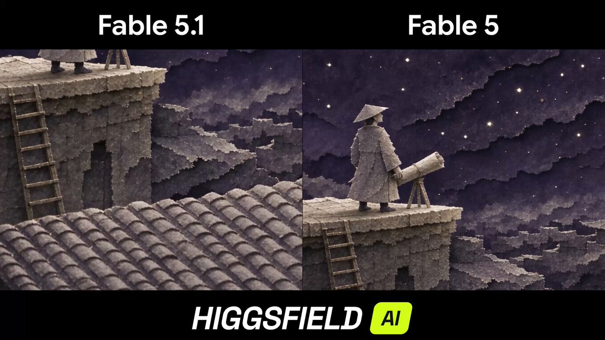 Higgsfield 官方对比 Fable 5.1 与 5 的纸艺动画