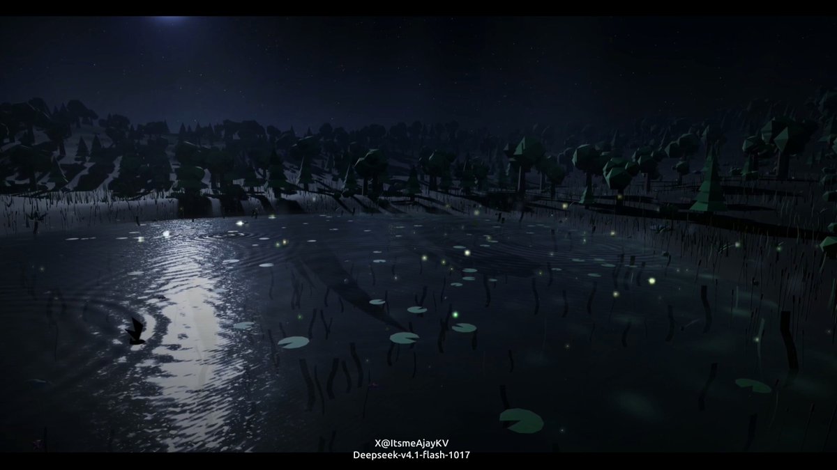 DeepSeek V4.1 Flash 经 Harness 两轮生成 three.js 萤火虫荷塘场景