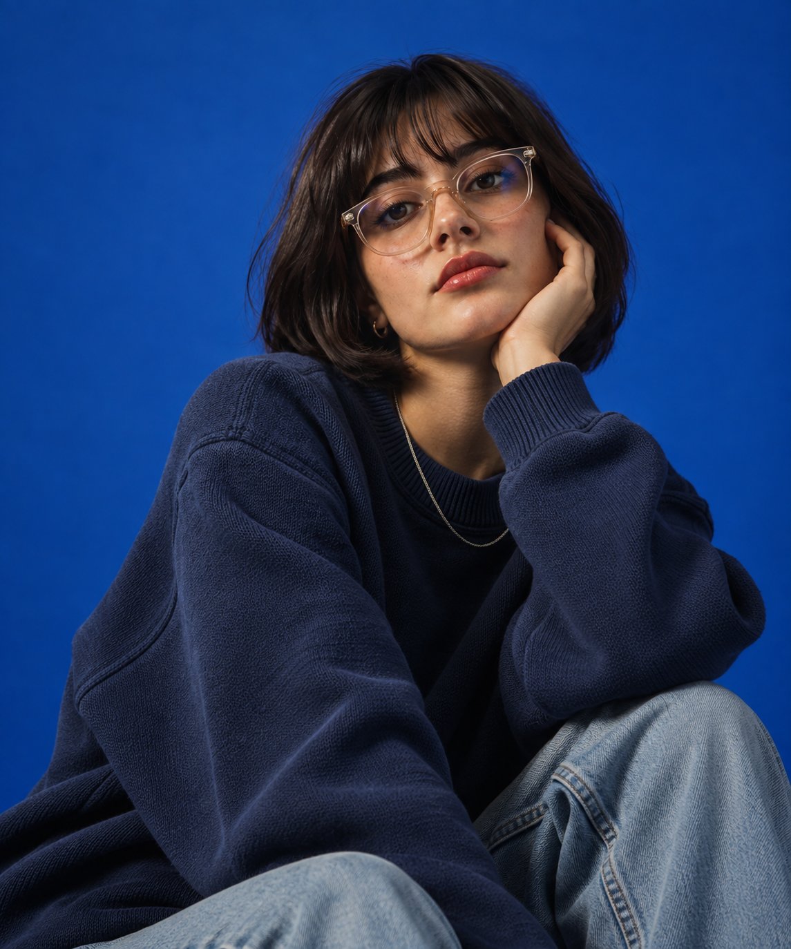 GPT Image 2.5 prompt swaps a model into a blue-backdrop fashion shoot (image 2 of 3)
