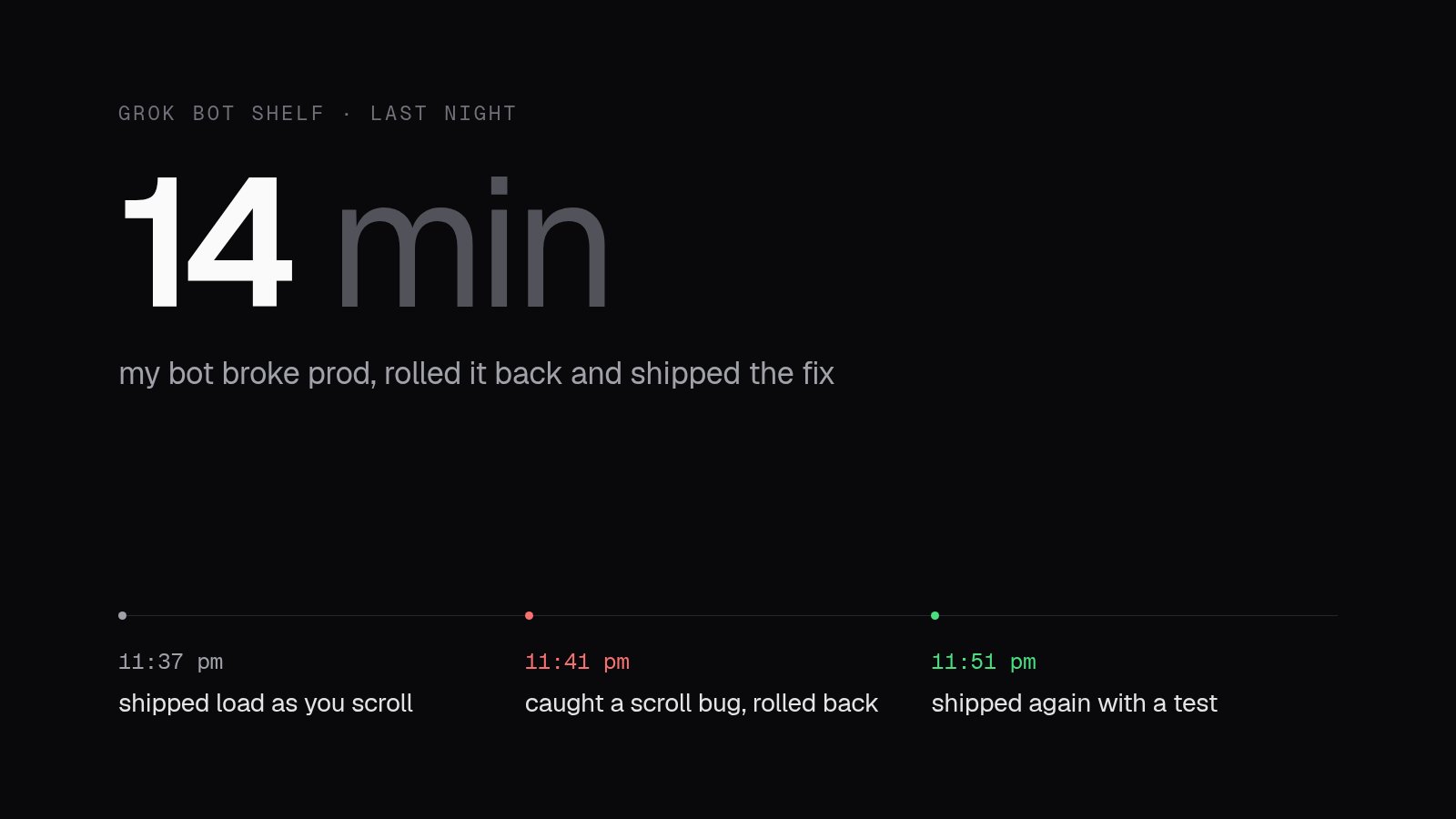 Grok Bot builds Grok Bot Shelf and fixes a scroll bug in 14 minutes