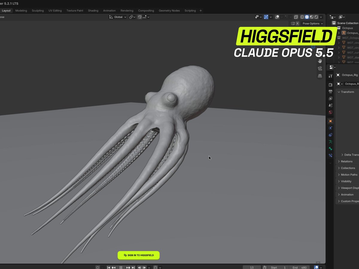 Opus 5.5 在 Blender 生成游戏级章鱼模型与动画
