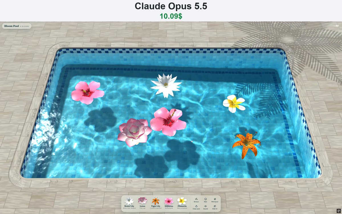 Opus 5.5 builds an interactive 3D flower pool for $10