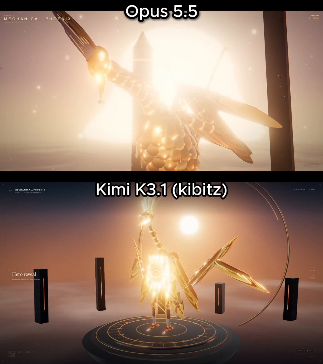 Opus 5.5 vs Kimi K3.1: mechanical phoenix from one prompt