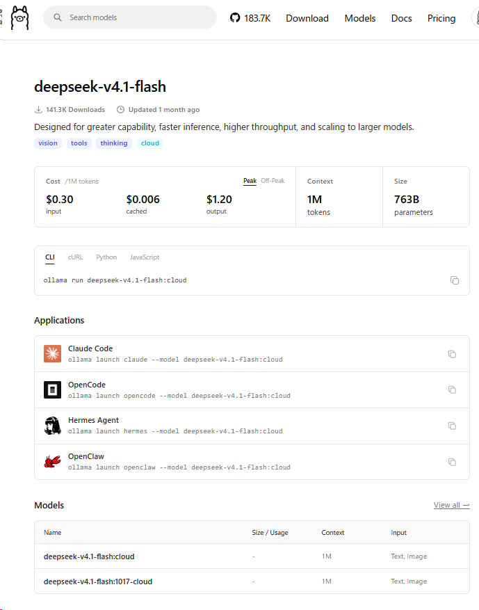 Ollama Cloud 上线 deepseek-v4.1-flash:1017，但 vision 被禁用