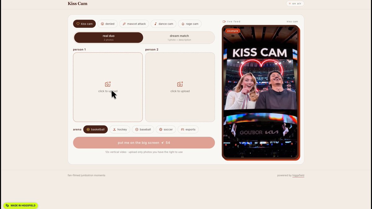 Higgsfield Apps 用 Fable 5 一次生成 Kiss Cam 应用