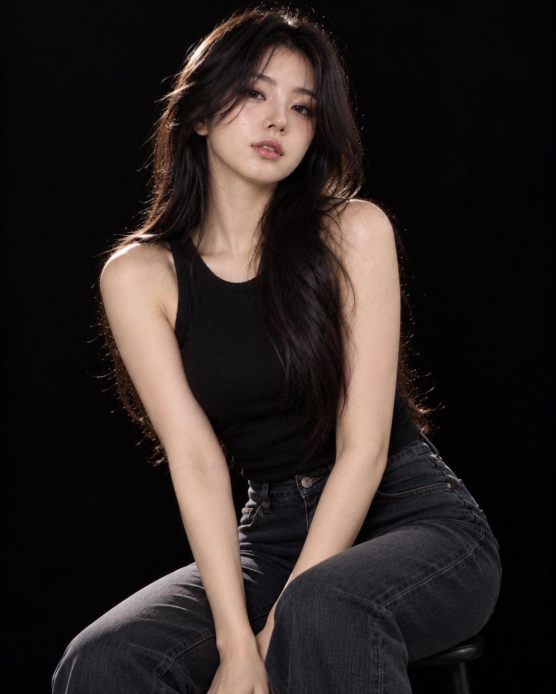 GPT Image 2.5 studio portrait prompt for a Korean woman on black (image 2 of 2)