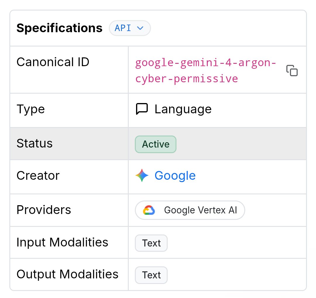 Gemini 4 Argon appears on GCP Vertex with a cyber-permissive variant
