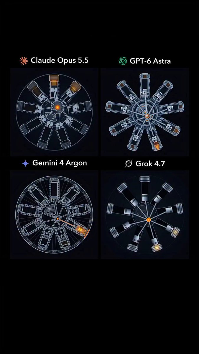 四模型同题生成九缸星型发动机：Gemini 4 Argon 对比 Opus 5.5、GPT-6 Astra、Grok 4