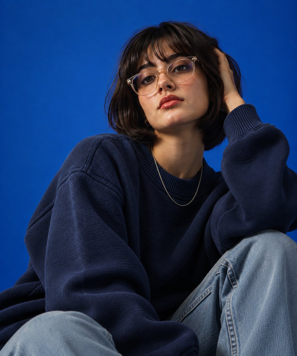 GPT Image 2.5 prompt swaps a model into a blue-backdrop fashion shoot (image 3 of 3)