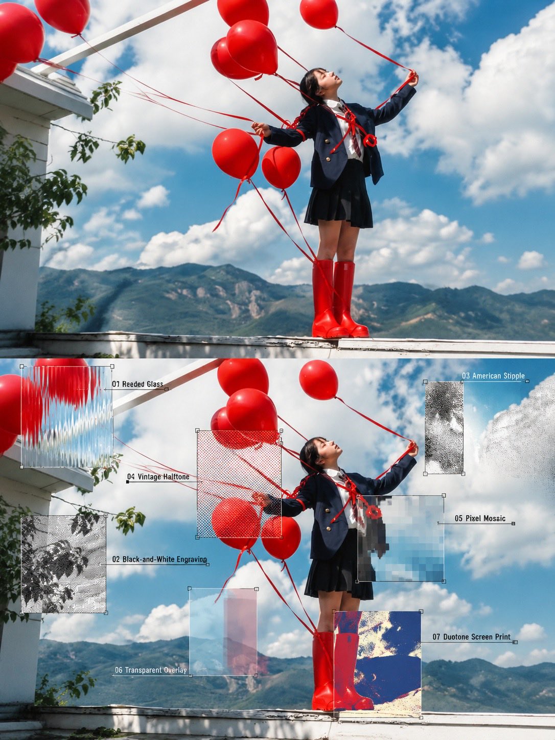 GPT Image 2 editorial prompt: split layout with seven texture samples