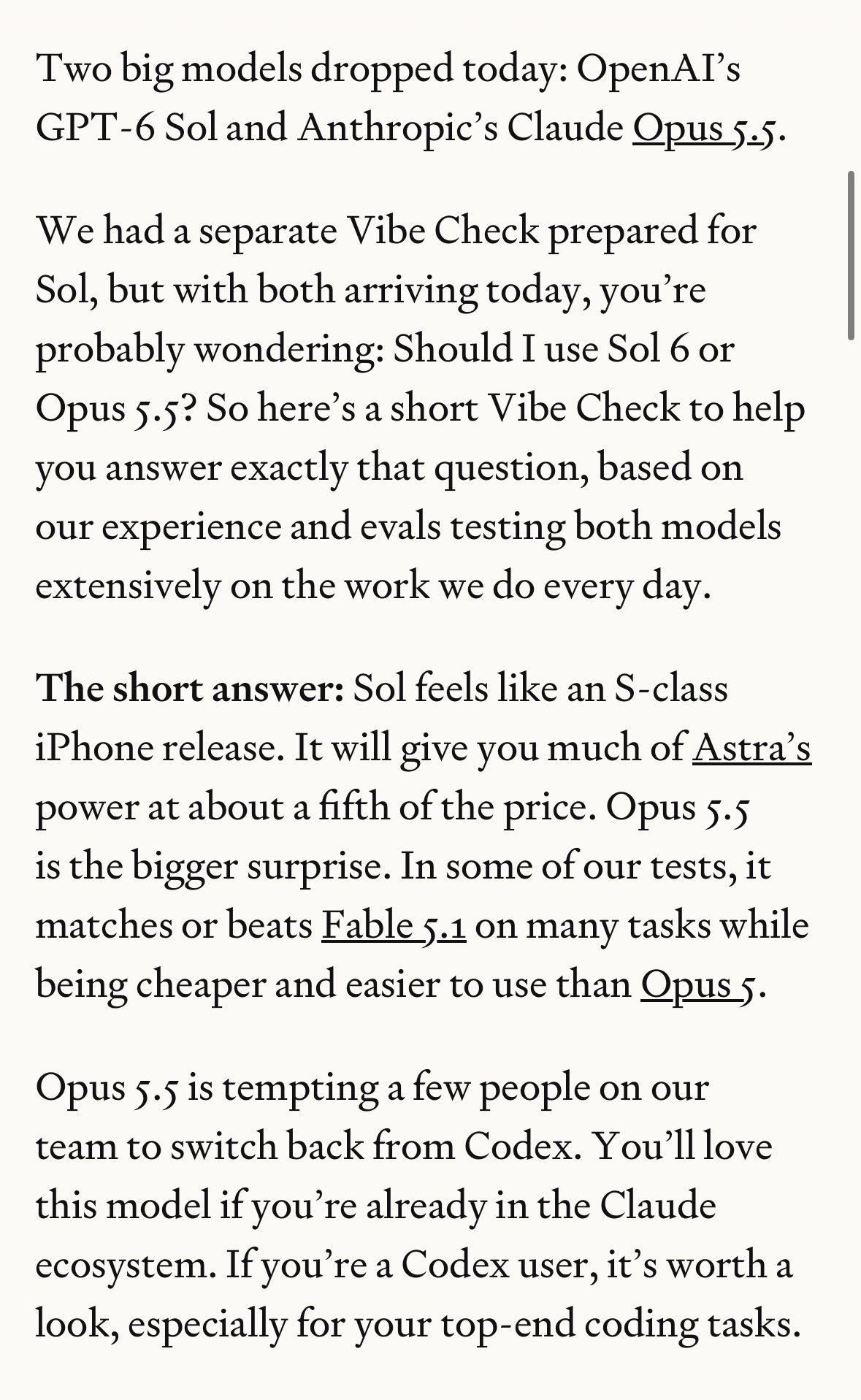 Every compares GPT-6 Sol and Opus 5.5 on real work