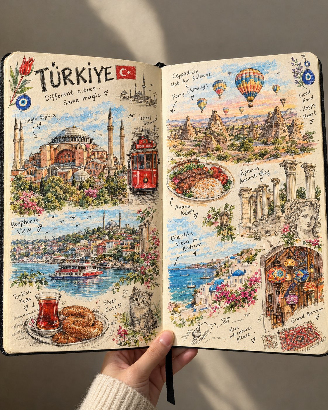 GPT Image 2.5 prompt for a hand-drawn travel sketchbook spread (image 3 of 3)