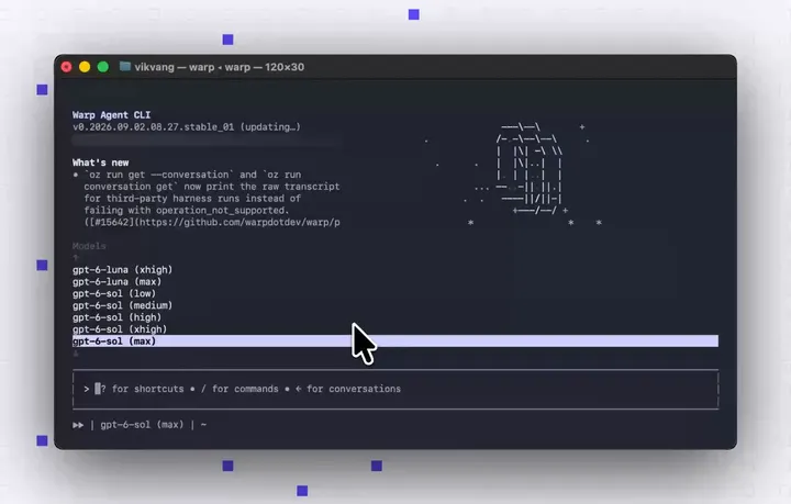 Warp Terminal and Agent CLI add GPT-6 Sol and Luna