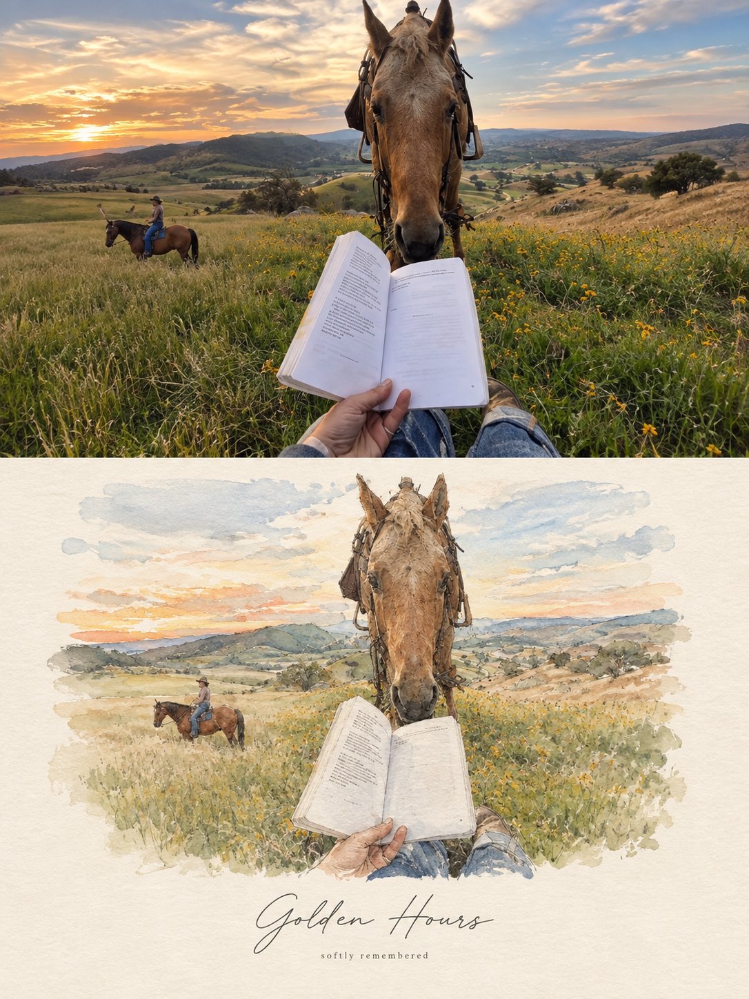 Magazine-style prompt pairs a photo with a watercolor vignette (image 2 of 2)
