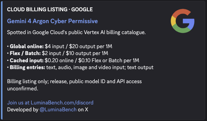 Gemini 4 Argon spotted in Google Cloud billing listing