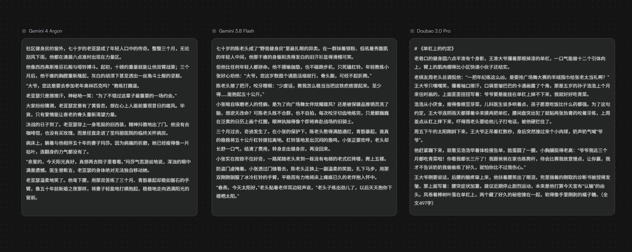 Gemini 4 Argon's Chinese prose tested against 3.8 Flash and Doubao 2.0 Pro