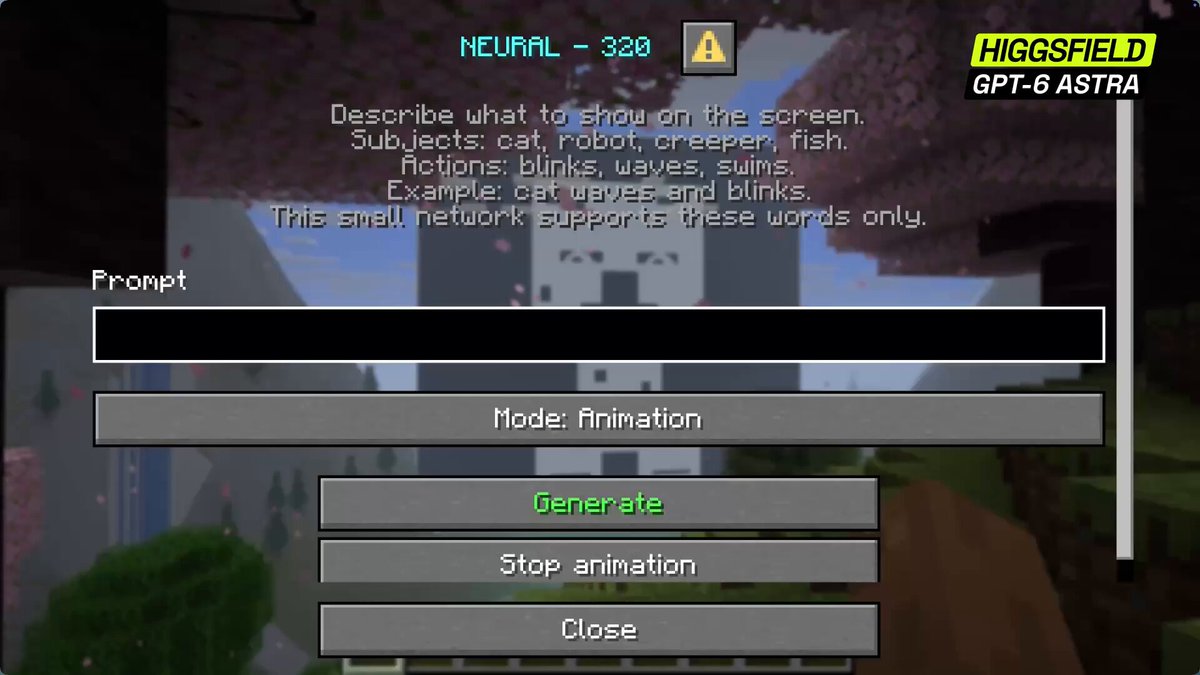Higgsfield 官方演示：Minecraft 巨屏按提示词实时生成画面