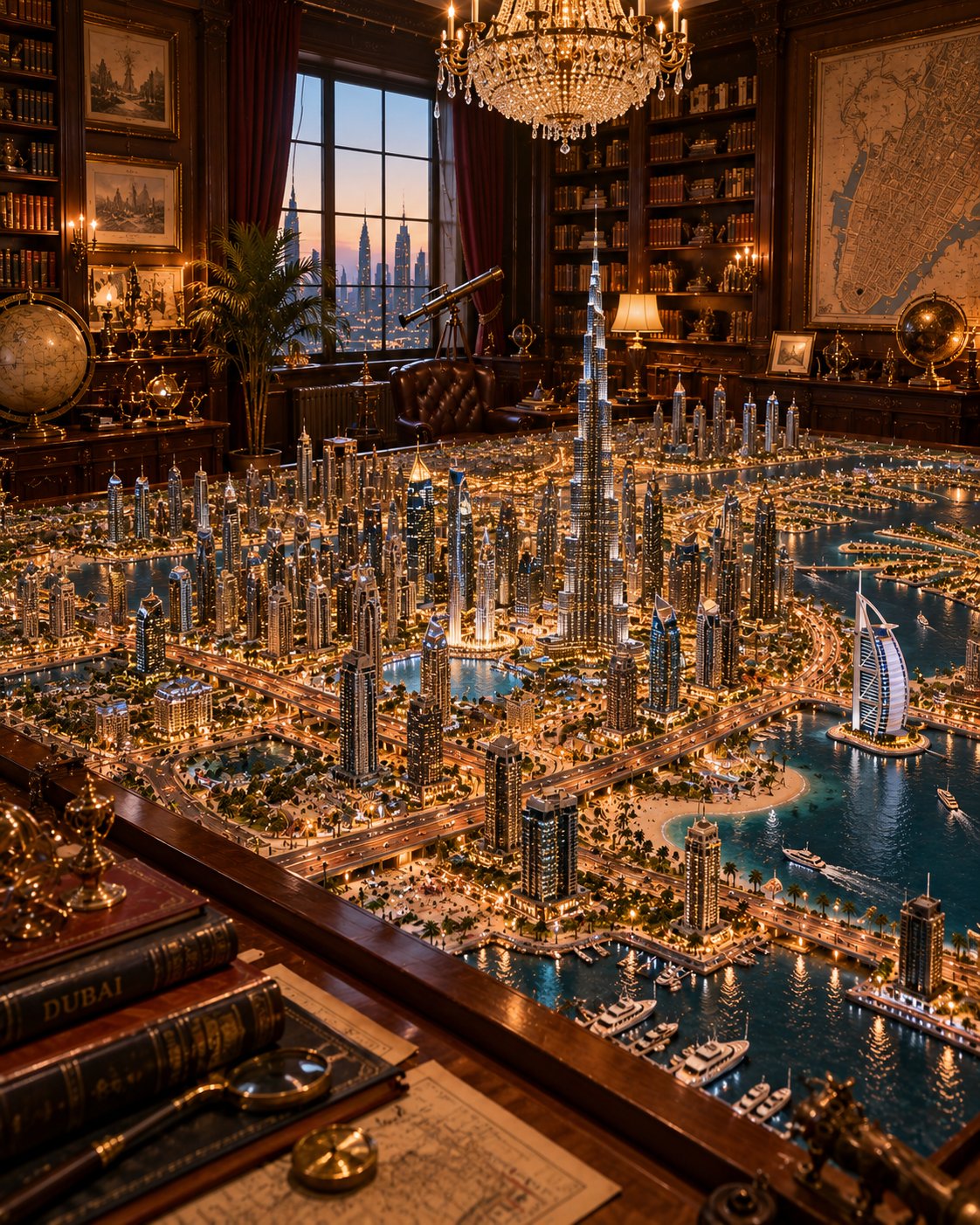 GPT Image 2.5 prompt: miniature city inside an antique study (image 2 of 2)