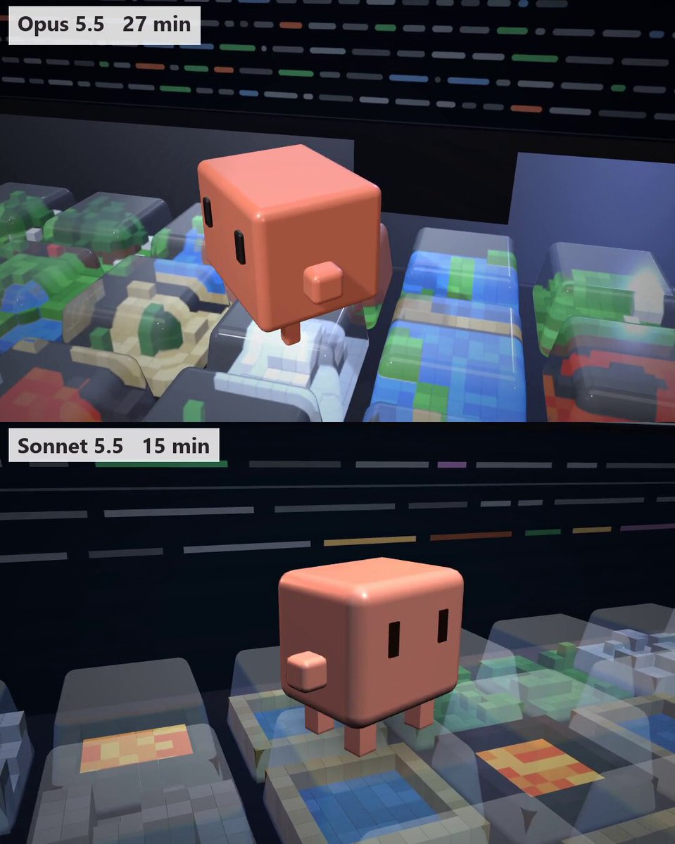 Opus 5.5 vs Sonnet 5.5: rebuilding the Claude Code mascot in three.js
