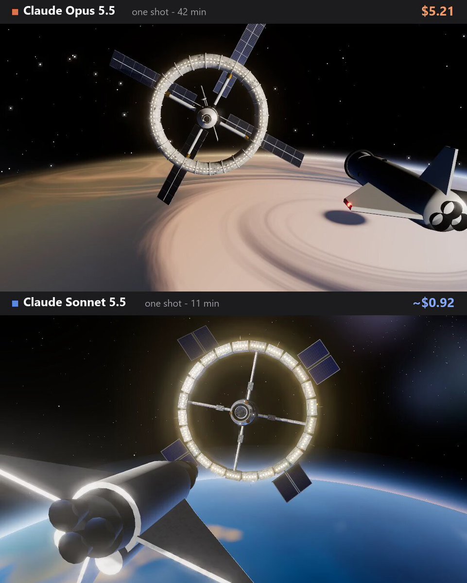 Opus 5.5 vs Sonnet 5.5: two space-station docking animations