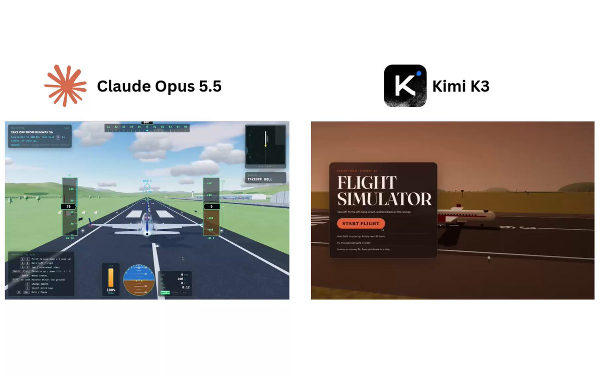 Opus 5.5 与 Kimi K3 同题做飞行模拟器对比