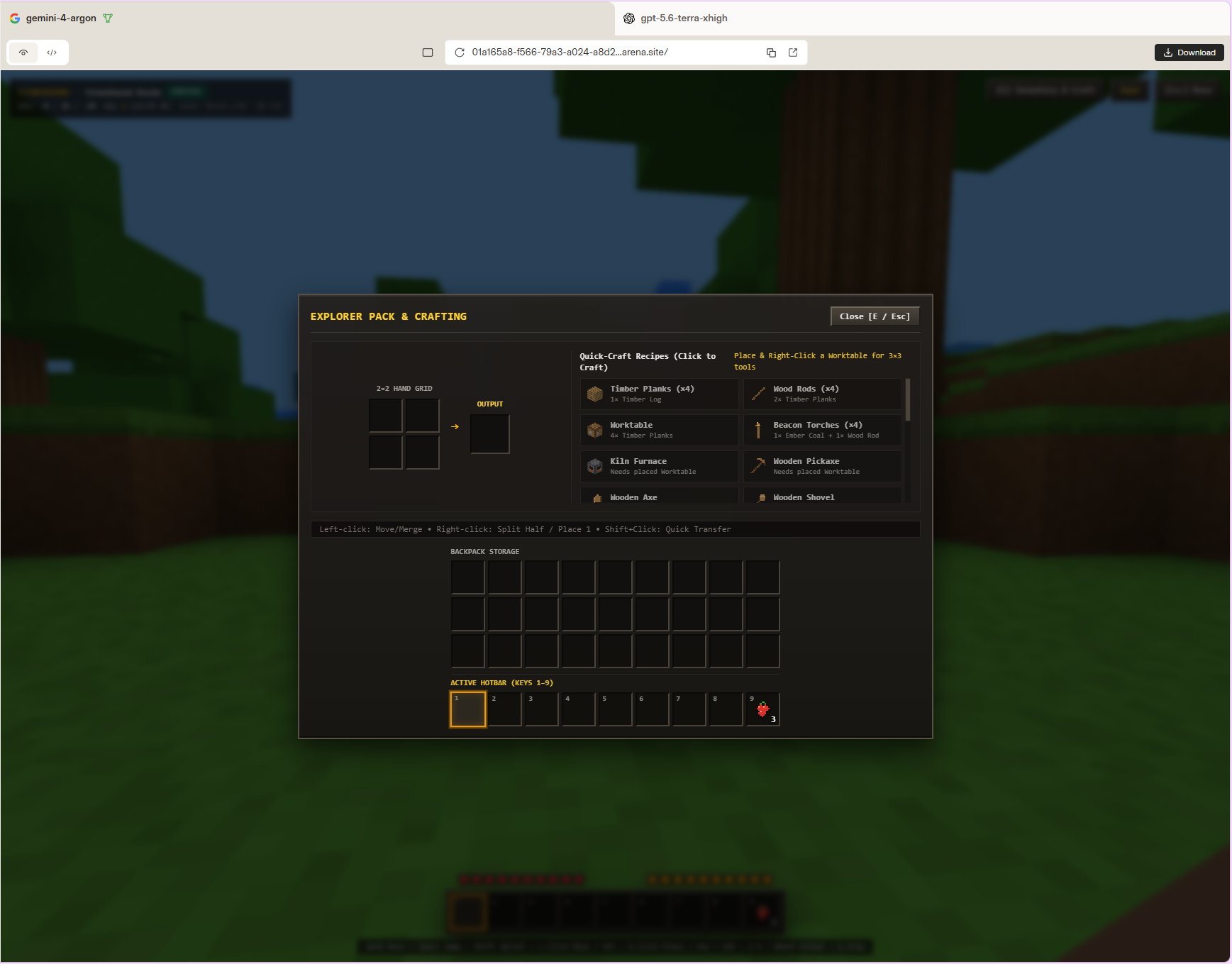 Gemini 4 Carbon, listed as gemini-4-argon in Arena, builds a Minecraft clone (image 3 of 4)