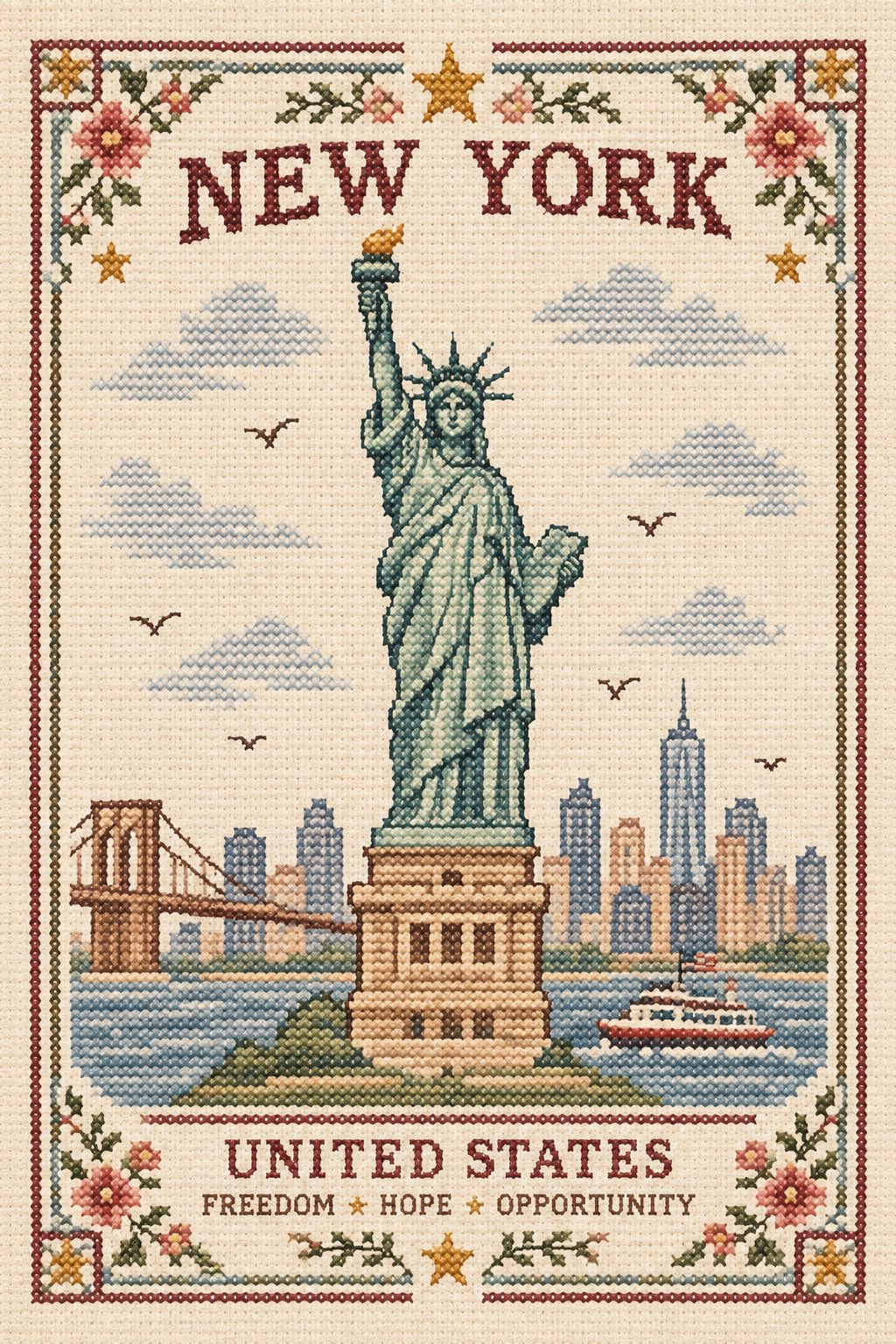 GPT Image 2.5 prompt for cross-stitch city souvenirs (image 2 of 3)