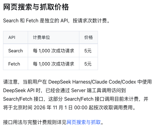 DeepSeek Search/Fetch 11 月 1 日起收费,每千次 0.75 美元