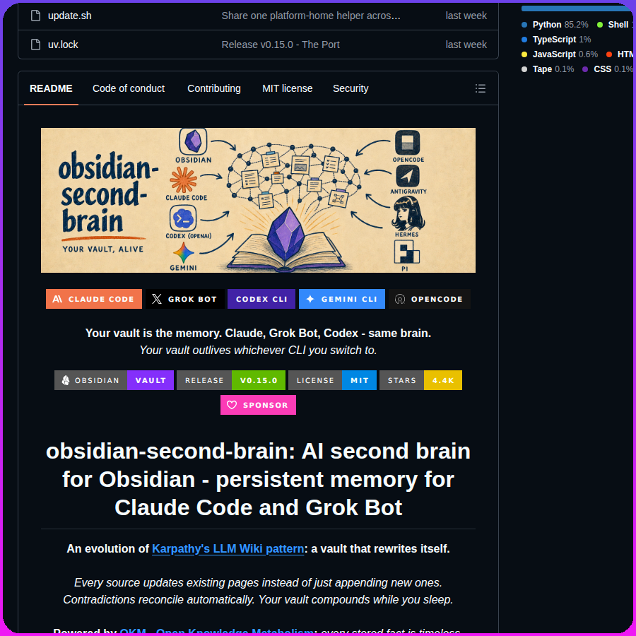 obsidian-second-brain：给 Claude Code 和 Grok Bot 加持久记忆