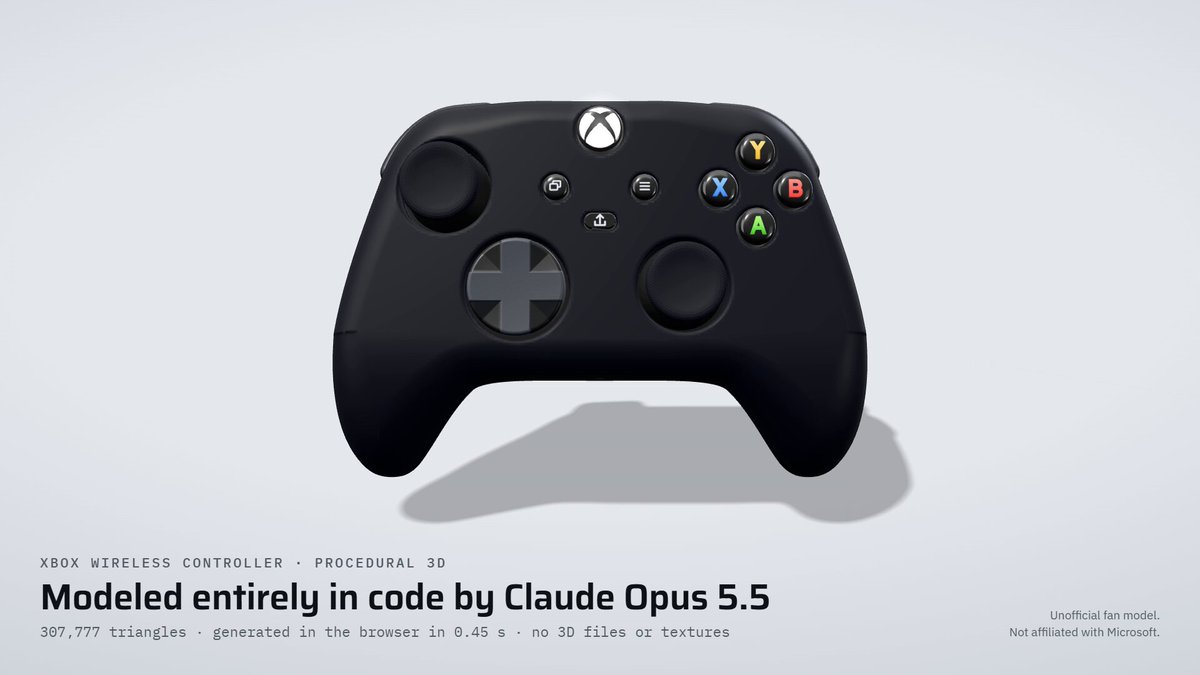 Opus 5.5 one-shots a 3D controller and its own promo video, user says