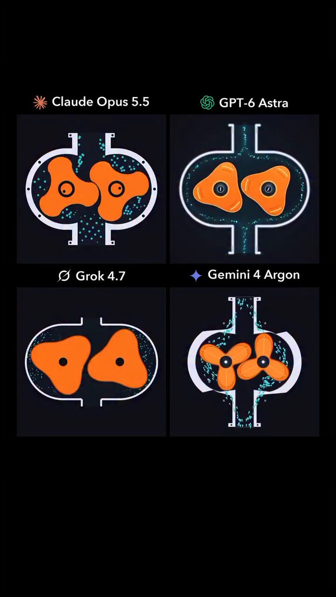 四模型同题生成凸轮泵：Opus 5.5、Astra、Grok 4.7、Gemini 4 Argon