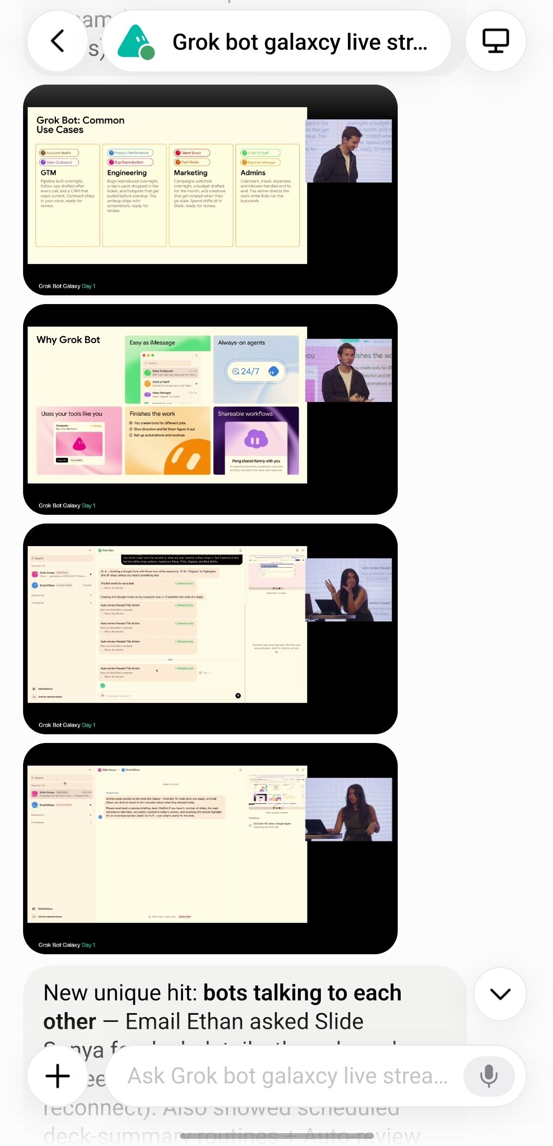 User has Grok Bot watch a Grok Bot livestream and take notes (image 1 of 2)
