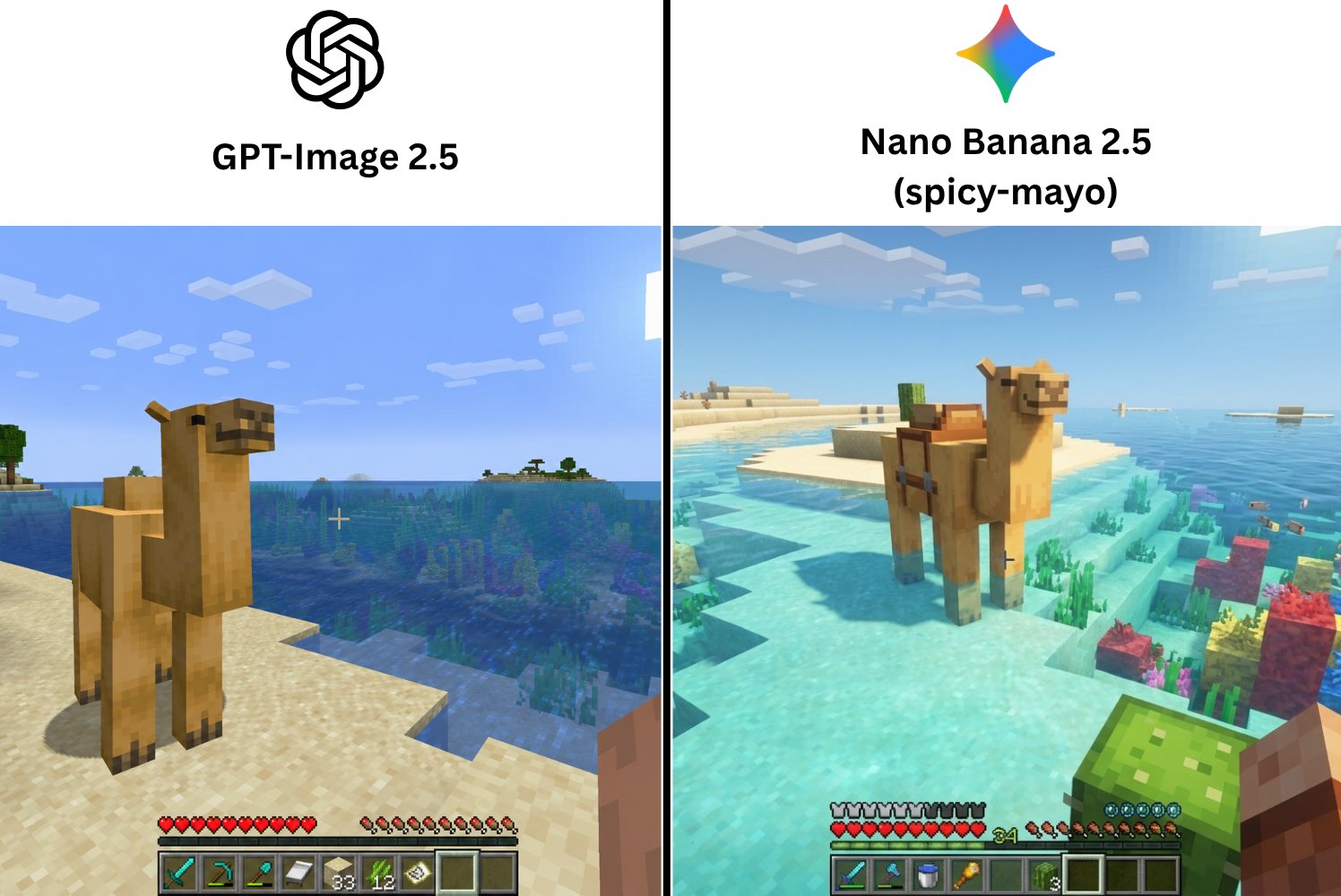 GPT-Image 2.5 vs Nano-Banana 2.5: Minecraft camel in an ocean biome