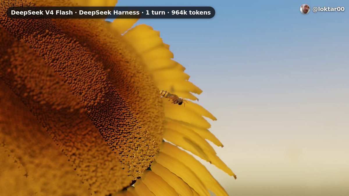 实测：V4.1 Flash 1017 在 DeepSeek Harness 里一轮生成 3D 蜜蜂与向日葵