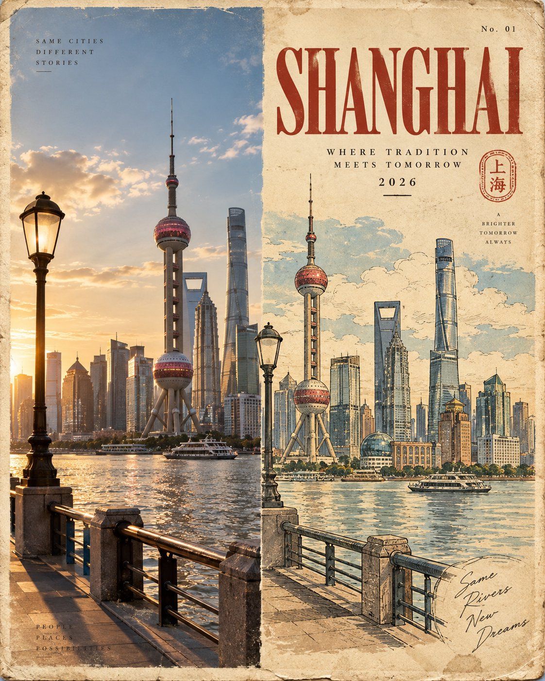 GPT Image 2.5 复古旅行明信片左右分屏提示词