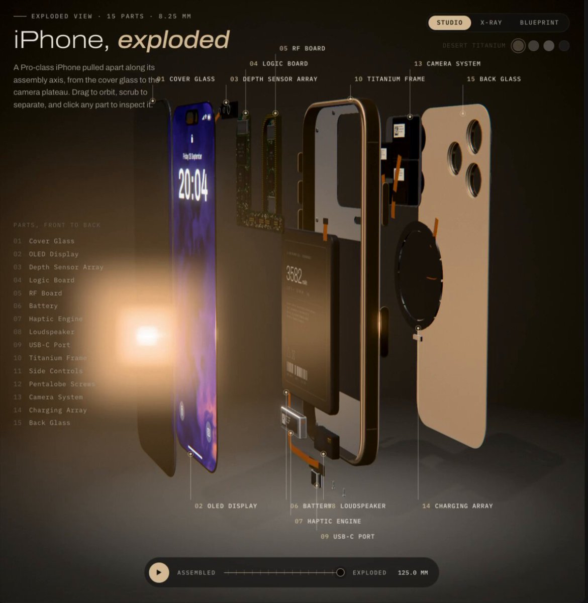 Opus 5.5 builds an iPhone exploded-view animation in 20 minutes