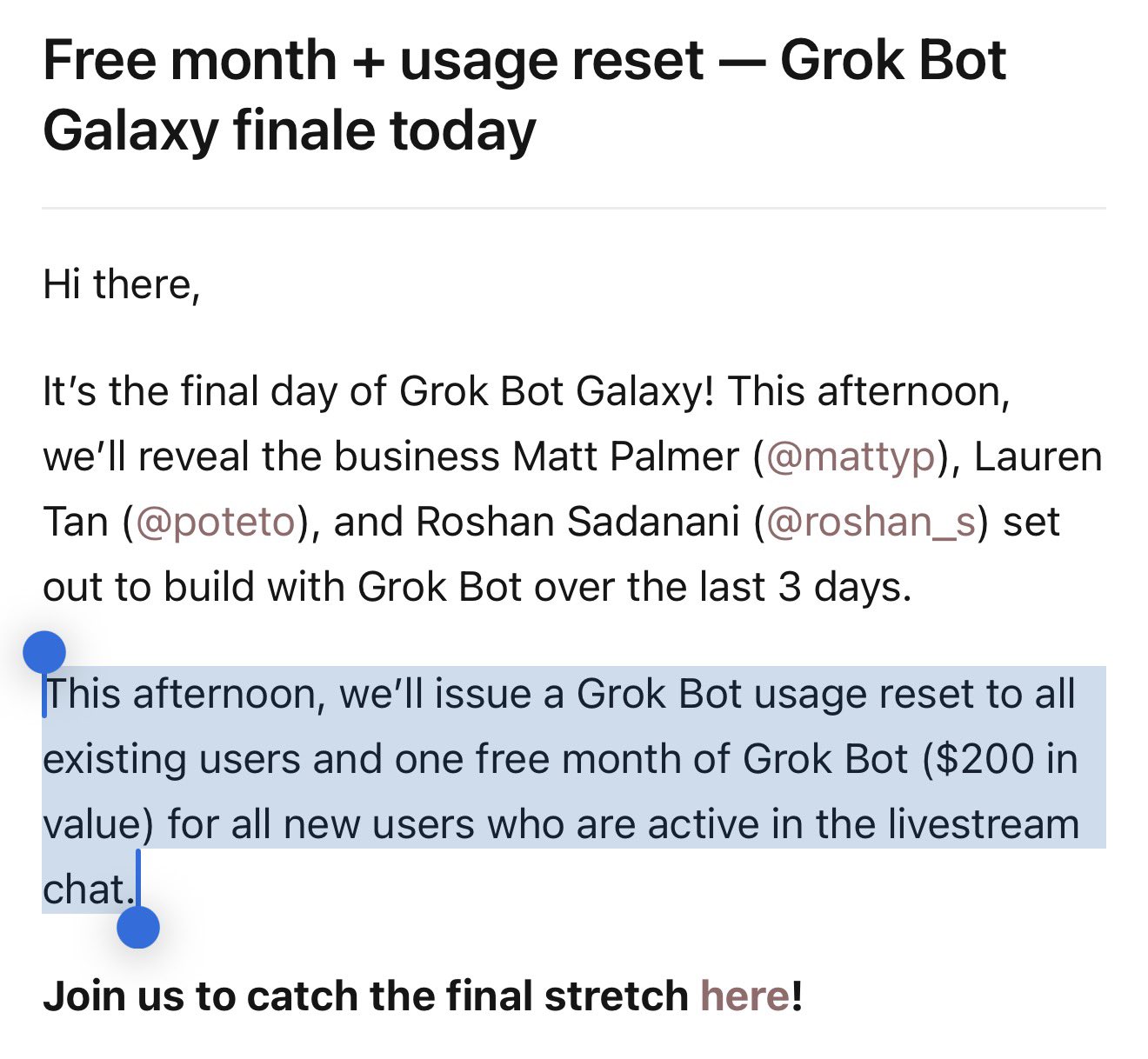 Grok Bot 直播送额度重置和一个月免费