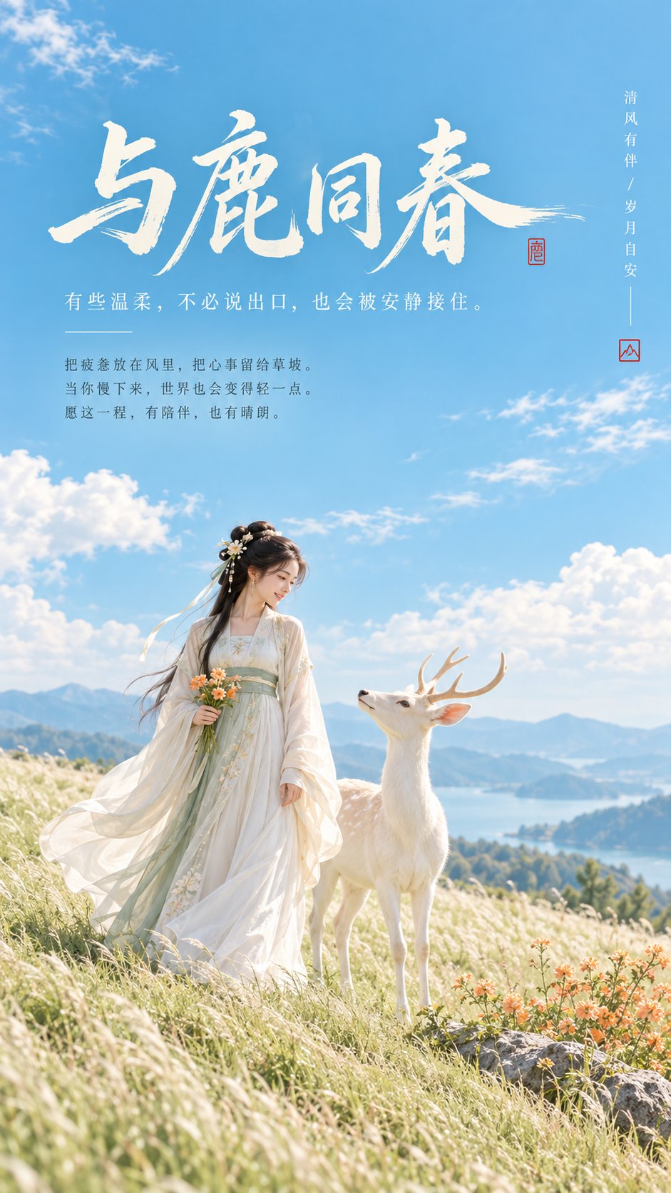 GPT Image 2.5 prompt for an Eastern-aesthetic poster, "Spring with the Deer"